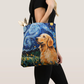 STARRY NIGHT THEMED GOLDEN RETRIEVER DOG TOTE BAG