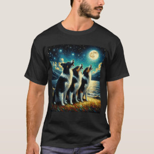 Starry Night Three Border Collies Howling at Moon T-Shirt