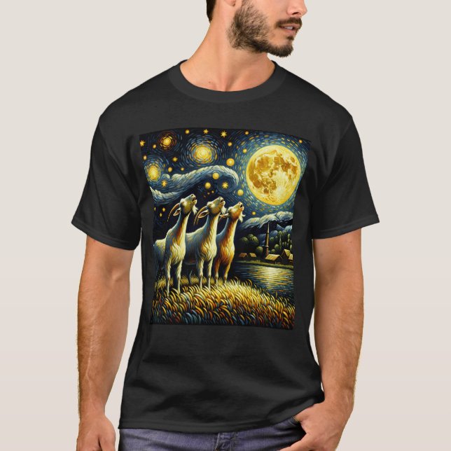 Starry Night Three Goat Howling at Moon Farm T-Shirt (Front)