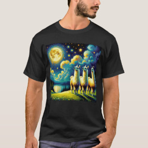 Starry Night Three Llama Alpaca Howling at Moon T-Shirt