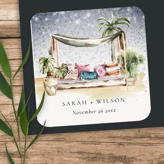 Starry Night Tropical Palm Beach Cabana Wedding Square Sticker (Creator Uploaded)
