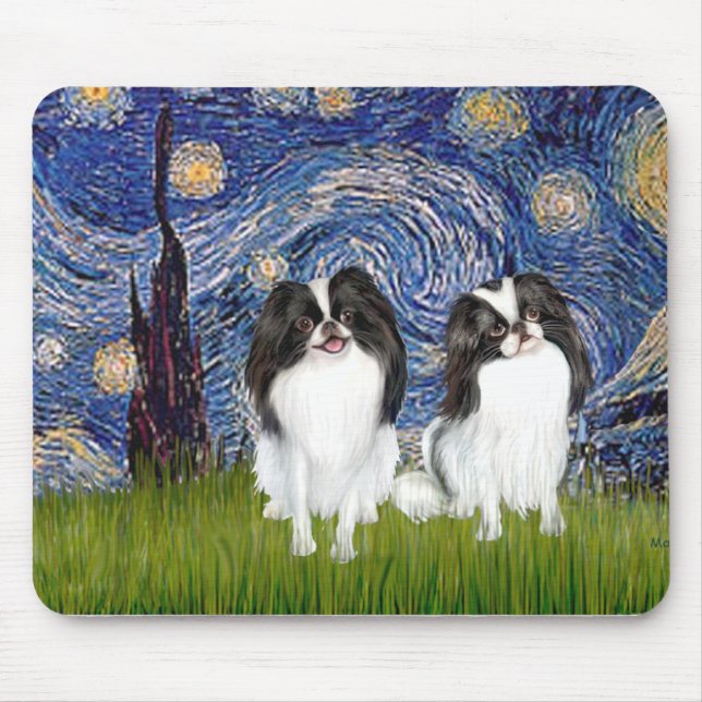 Starry Night - Two Japanese Chins (BW) Mouse Pad (Front)