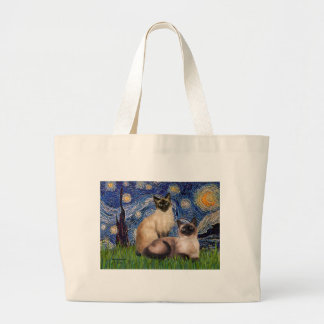 Starry Night - Two Siamese cats (Choc Pt) Large Tote Bag
