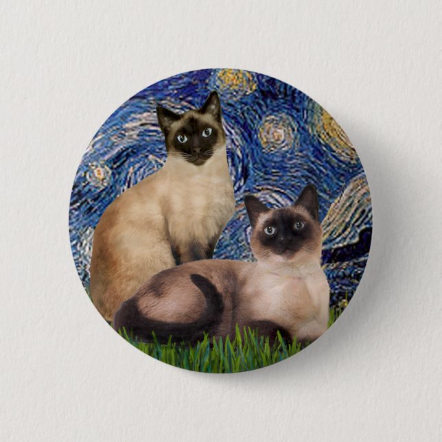 Starry Night - Two Siamese cats (Choc Pt) Pinback Button (Front)