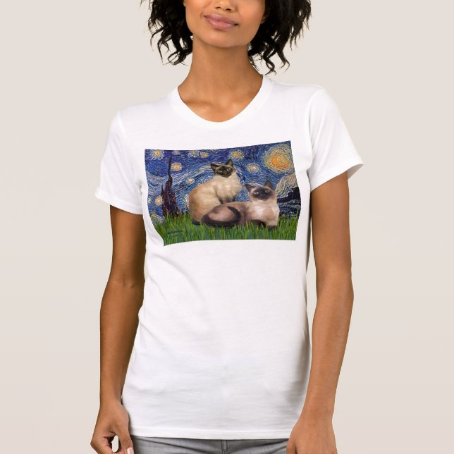Starry Night - Two Siamese cats (Choc Pt) T-Shirt (Front)