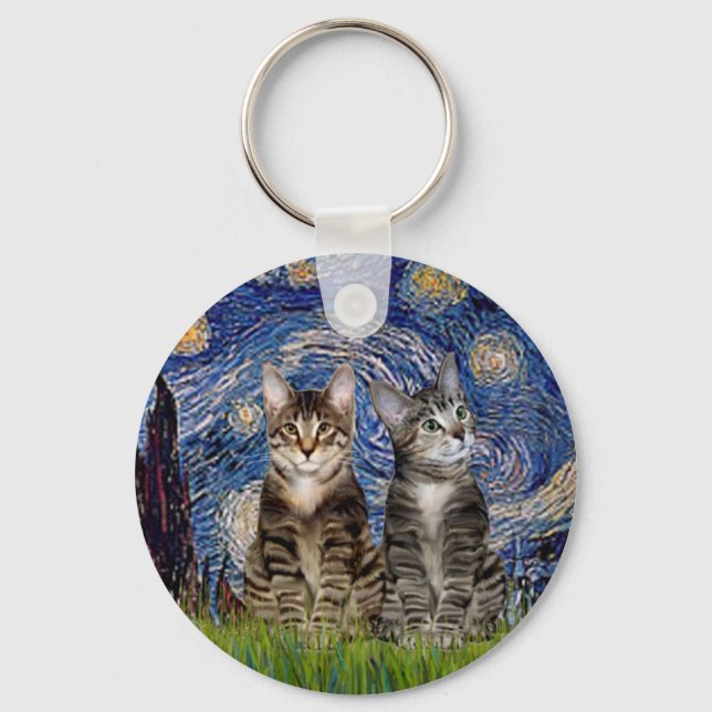 Starry Night - Two Tabby Tiger Cats Keychain (Front)