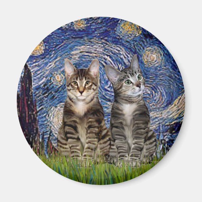 Starry Night - Two Tabby Tiger Cats Magnet (Front)