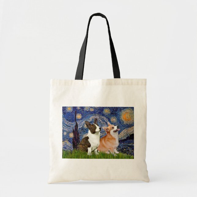 Starry Night - Two Welsh Corgis (C + P) Tote Bag (Front)