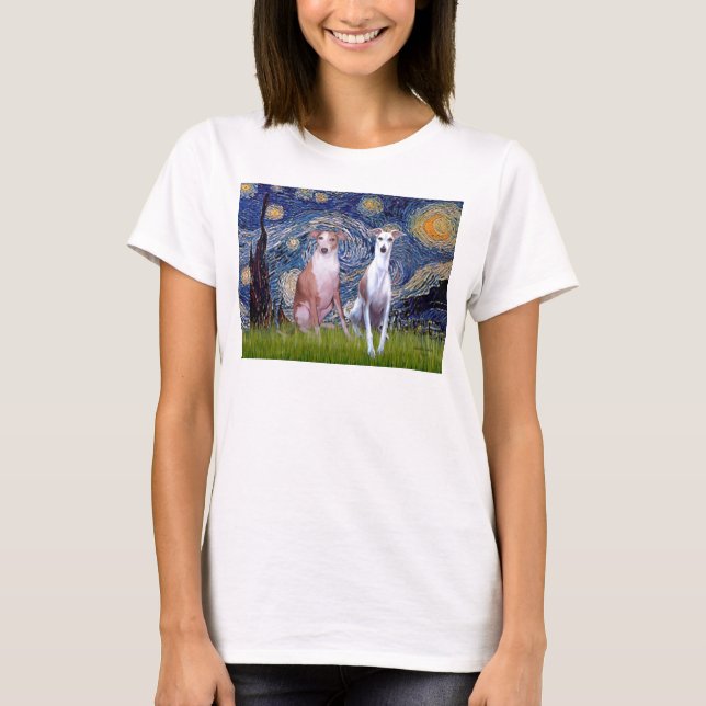 Starry Night - Two Whippets T-Shirt (Front)