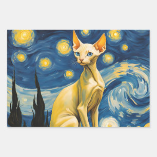Starry Night Van Gogh Elf Sphynx Cat Art Gift Wrapping Paper Sheets