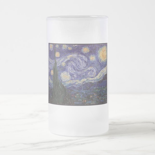 Starry Night, Van Gogh French Town Saint Remy Frosted Glass Beer Mug (Center)