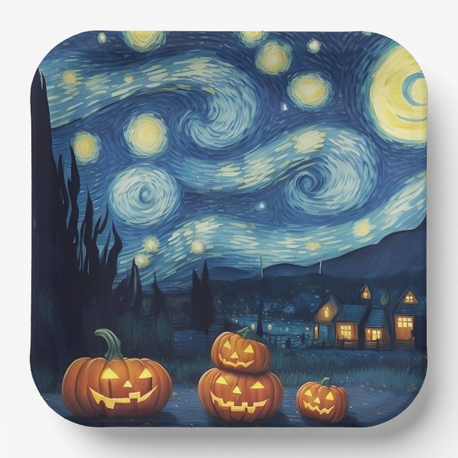 Starry Night Van Gogh Halloween Paper Plates (Front)