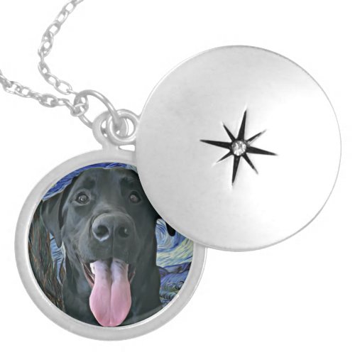 Starry Night Van Gogh Inspired Funny Black Lab  Locket Necklace