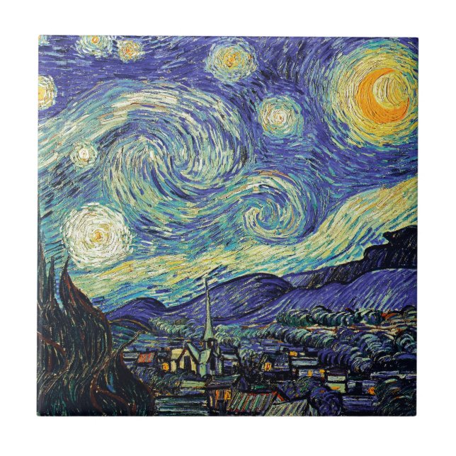 Starry Night Van Gogh Post-Impressionist Painting Ceramic Tile (Front)