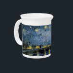 Starry Night  Vincent  van Gogh     Beverage Pitcher<br><div class="desc">Thatched Cottages at Cordeville. Vincent Willem van Gogh. Night landscape in dark blue and yellow tones. There is a bridge across the river. In the foreground, a man and a woman are walking along the embankment. The stars are shining in the sky. Reproduction of famous works of art images in...</div>