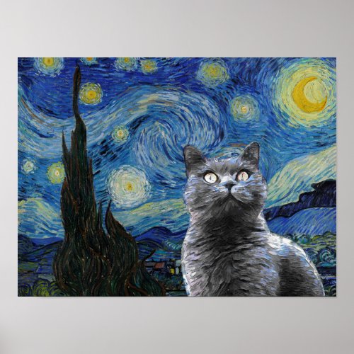 Starry Night Vincent Van Gogh Cute Cat Kitten Poster