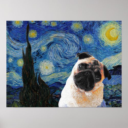 Starry Night Vincent Van Gogh Cute Pug Dog Poster