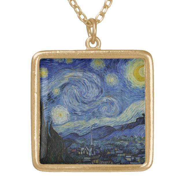 Starry Night Vincent van Gogh Painting Gold Plated Necklace (Front)