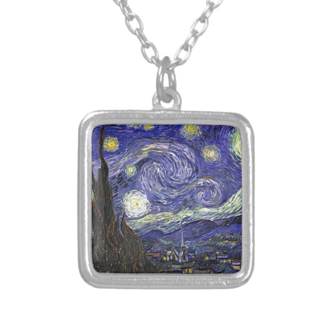 Starry Night, Vincent Van Gogh. Silver Plated Necklace (Front)