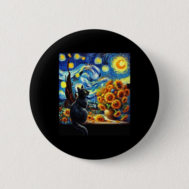 Starry Night Vincent Van Gogh Sunflowers Cat Lover Button (Front)