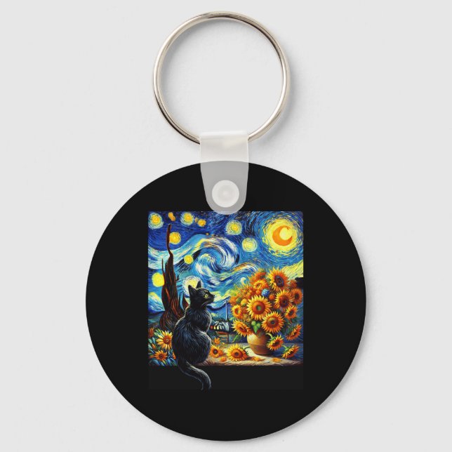 Starry Night Vincent Van Gogh Sunflowers Cat Lover Keychain (Front)