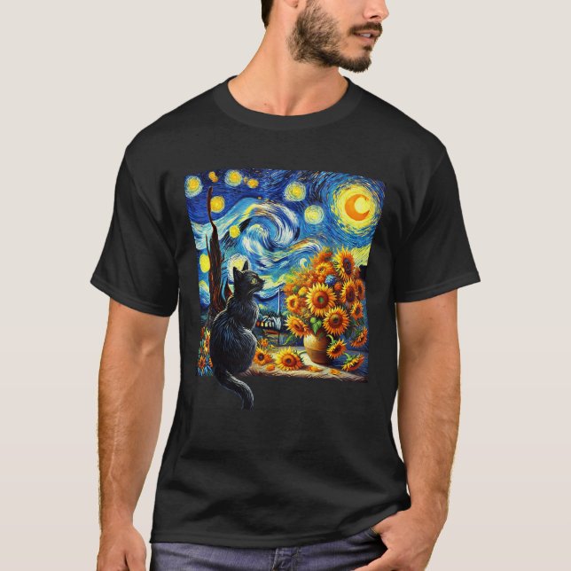Starry Night Vincent Van Gogh Sunflowers Cat Lover T-Shirt (Front)