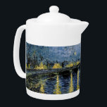 Starry Night Vincent van Gogh Teapot<br><div class="desc">Thatched Cottages at Cordeville. Vincent Willem van Gogh. Night landscape in dark blue and yellow tones. There is a bridge across the river. In the foreground, a man and a woman are walking along the embankment. The stars are shining in the sky. Reproduction of famous works of art images in...</div>