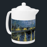 Starry Night Vincent van Gogh Teapot<br><div class="desc">Thatched Cottages at Cordeville. Vincent Willem van Gogh. Night landscape in dark blue and yellow tones. There is a bridge across the river. In the foreground, a man and a woman are walking along the embankment. The stars are shining in the sky. Reproduction of famous works of art images in...</div>