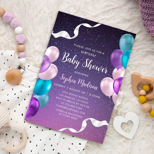 Starry Night Virtual Purple Baby Shower Mail Invitation (Creator Uploaded)