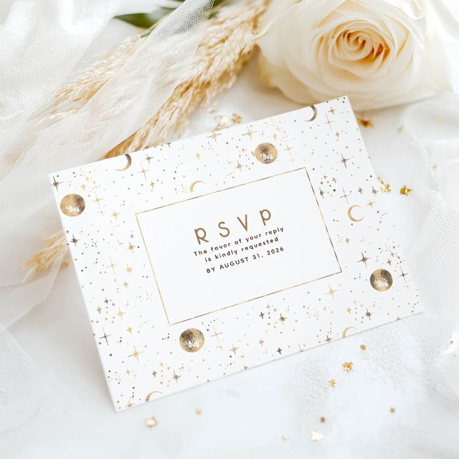 Starry Night White and Gold Wedding RSVP Postcard (Celestial Wedding Rsvp Card)
