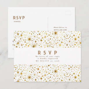 Starry Night White and Gold Wedding RSVP Postcard