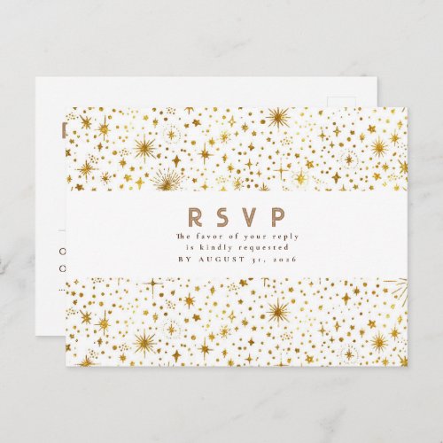 Starry Night White and Gold Wedding RSVP Postcard