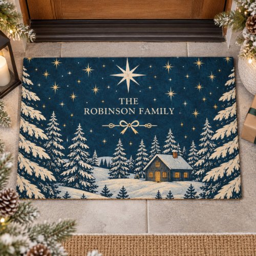 Starry Night Winter Cabin Custom Surname Doormat