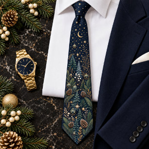 Starry Night Winter Forest & Moon Formal Holiday Neck Tie
