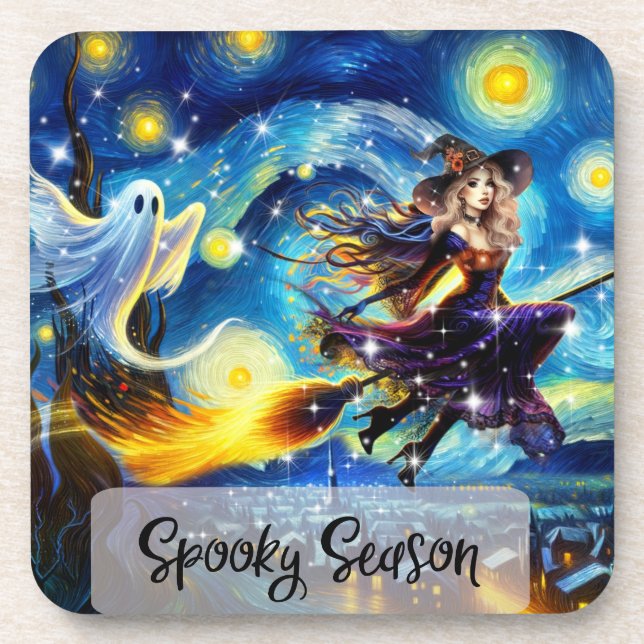Starry Night Witchy Halloween Design Beverage Coaster (Front)