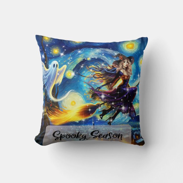 Starry Night Witchy Halloween Design Throw Pillow (Front)