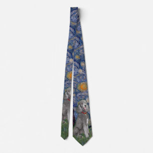 Starry Night with a Silver Standard Poodle #1 Neck Tie