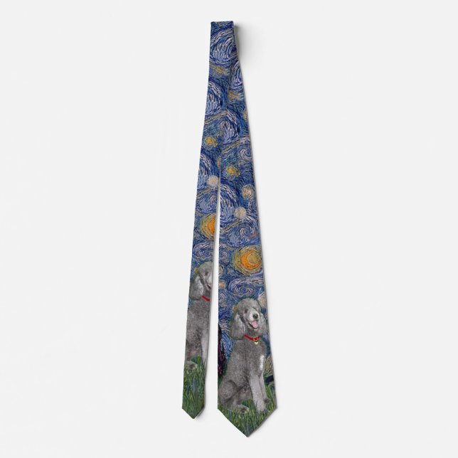 Starry Night with a Silver Standard Poodle #1 Neck Tie (Back)