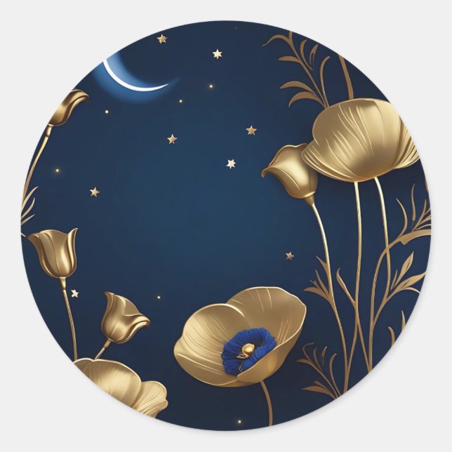 Starry Night with Gold Crescent Moon Classic Round Sticker (Front)