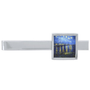 Starry Night, world-famous van Gogh art Silver Finish Tie Bar