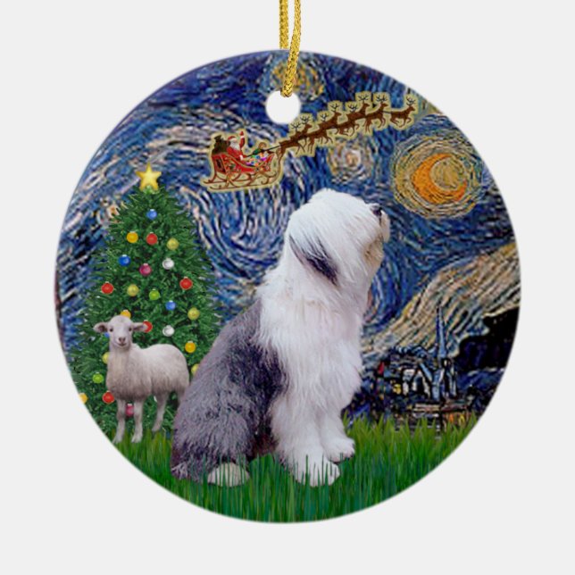Starry Night Xmas - Old English Sheepdog Ceramic Ornament (Front)
