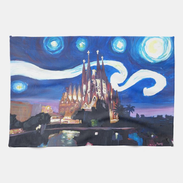 Starry nights at Sagrada Familia in Barcelona Kitchen Towel (Horizontal)