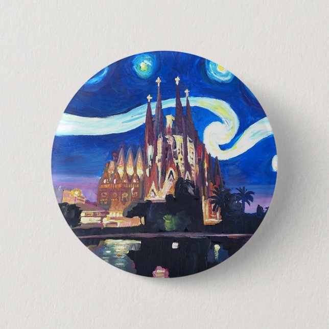 Starry nights at Sagrada Familia in Barcelona Pinback Button (Front)
