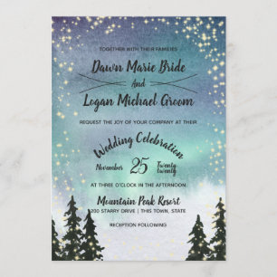 Starry Northern Lights Mountain Sky Wedding Invitation