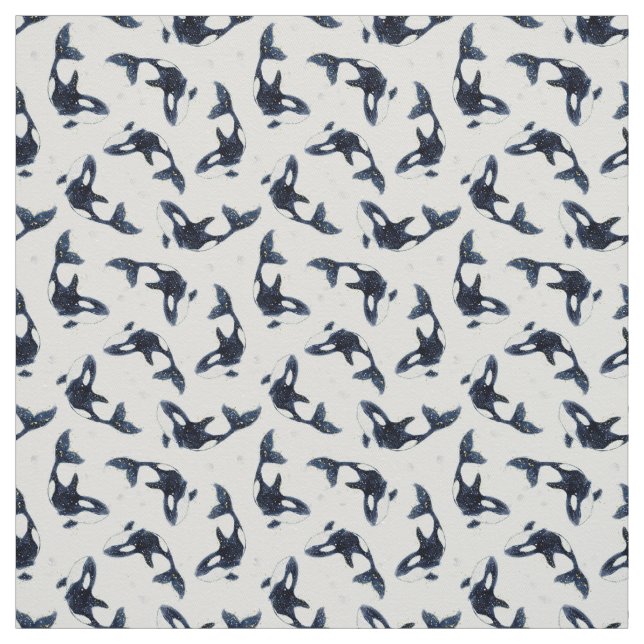 Starry Ocean Orca Whales Dreamy Blue Design Fabric (Swatch)