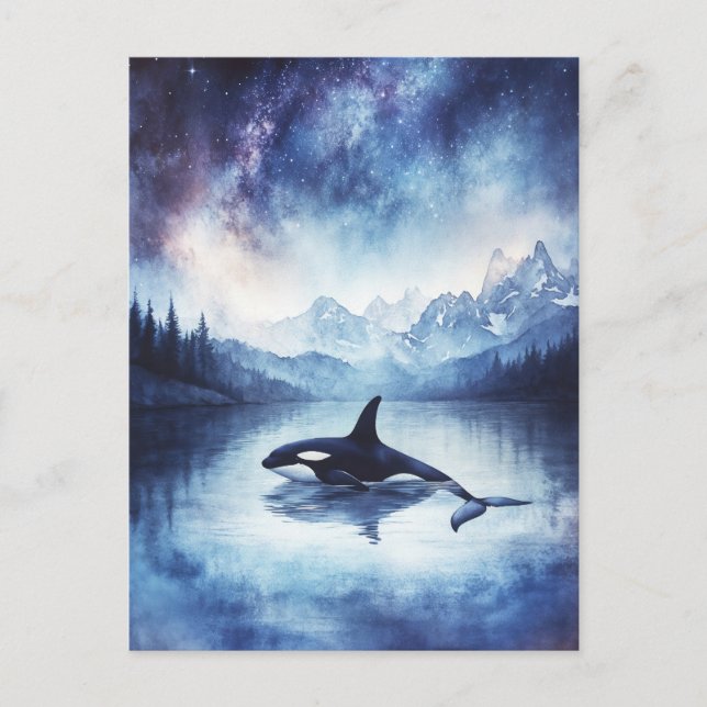 Starry Orca Whale Mountain Lake Postcard (Front)