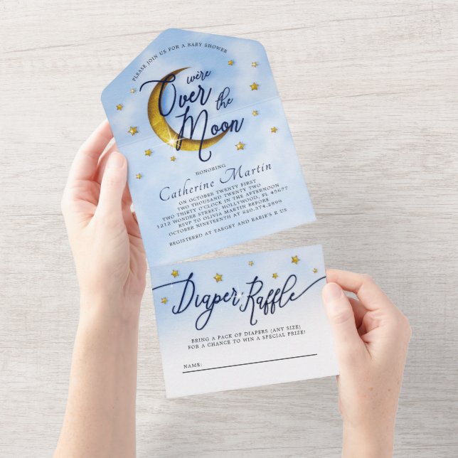 Starry Over The Moon Blue Gold Baby Boy Shower All In One Invitation (Tearaway)