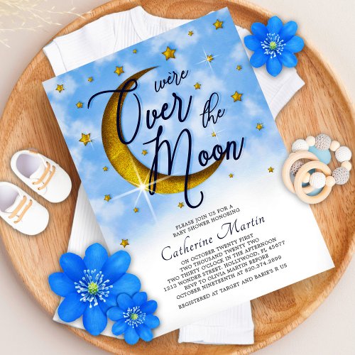 Starry Over The Moon Blue Gold Baby Boy Shower Invitation