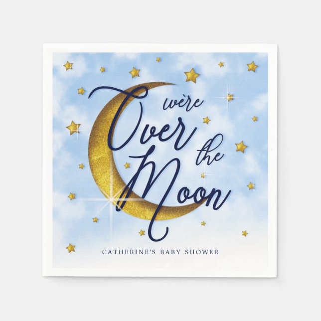 Starry Over The Moon Blue Gold Baby Shower Napkins (Front)