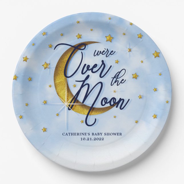 Starry Over The Moon Blue Gold Baby Shower Paper Plates (Front)